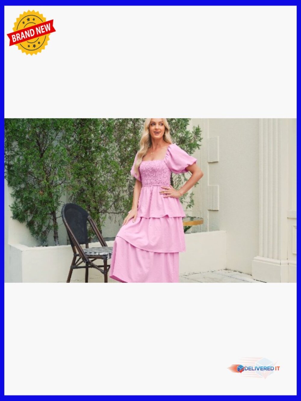 Lightweight Midi Dress with Puff Sleeves, Smocked Bodice, and Tiered Skirt - Picture 7 of 7